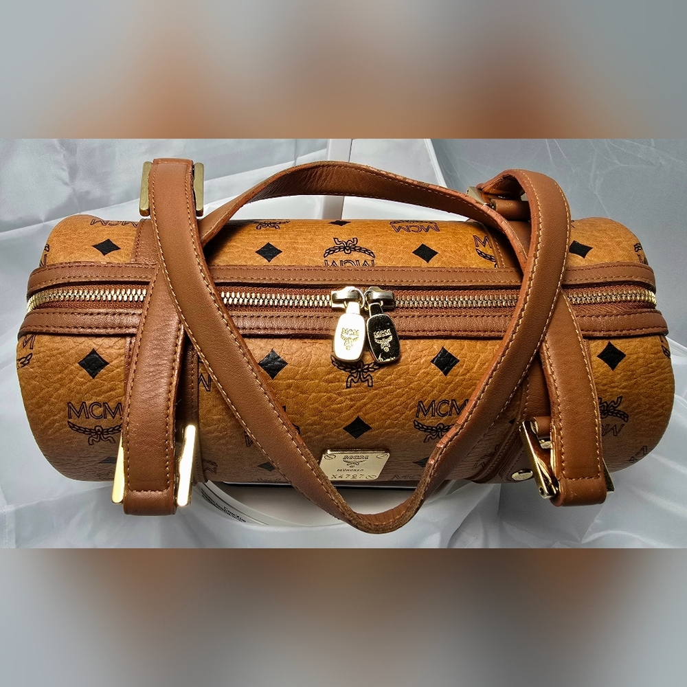 MCM Visetos Monogram Leather Barrel Shoulder Bag in Cognac Brown - Picture 11 of 14